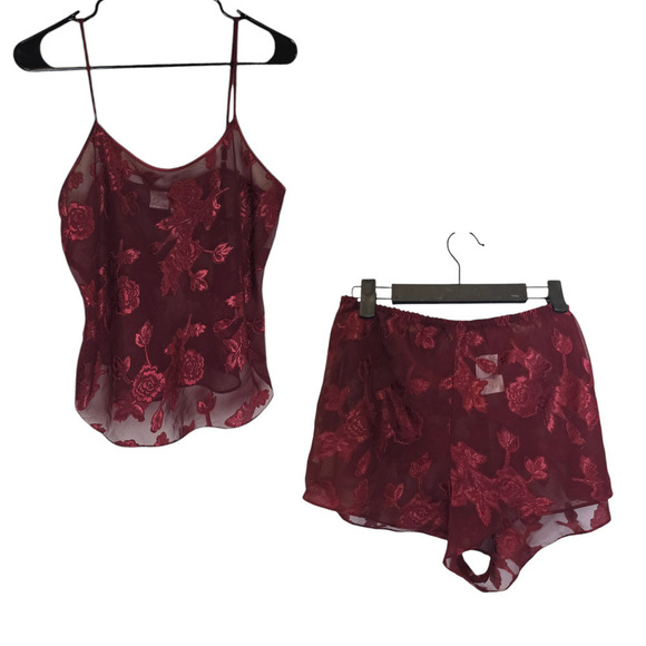 Vintage 90s sheer floral deep red lingerie pajama set size medium - Picture 1 of 11